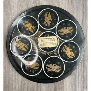 VTG Toleware American Eagle 9 Piece Beverage Set Decor Tray & Coasters USA, New